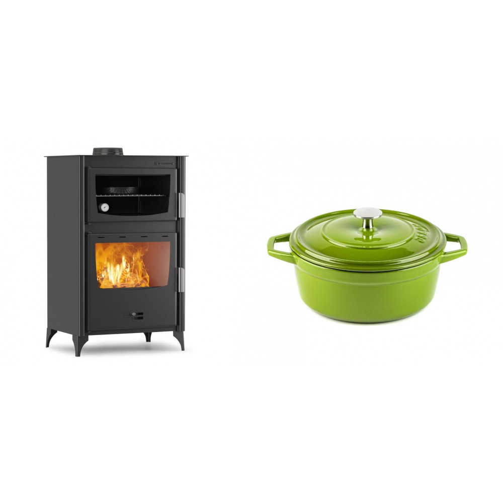 Set Kaminofen, Holzofen mit Backfach Velmora Fire ATS 90-30 ΜΑSΙΝΑ, 15.18kW + Gusseisen Topf Tiefer Solagio, Bamboo, Ф20 | Holzofen | Kaminofen |