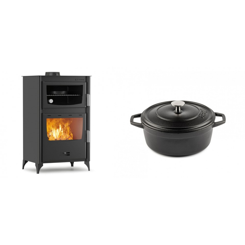 Set Kaminofen, Holzofen mit Backfach Velmora Fire ATS 90-30 ΜΑSΙΝΑ, 15.18kW + Gusseisen Topf Tiefer Solagio, Black Onyx, Ф20