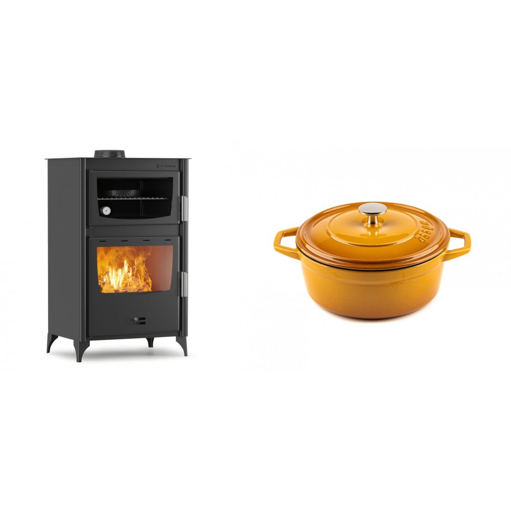 Set Kaminofen, Holzofen mit Backfach Velmora Fire ATS 90-30 ΜΑSΙΝΑ, 15.18kW + Gusseisen Topf Tiefer Solagio, Dijon, Ф20