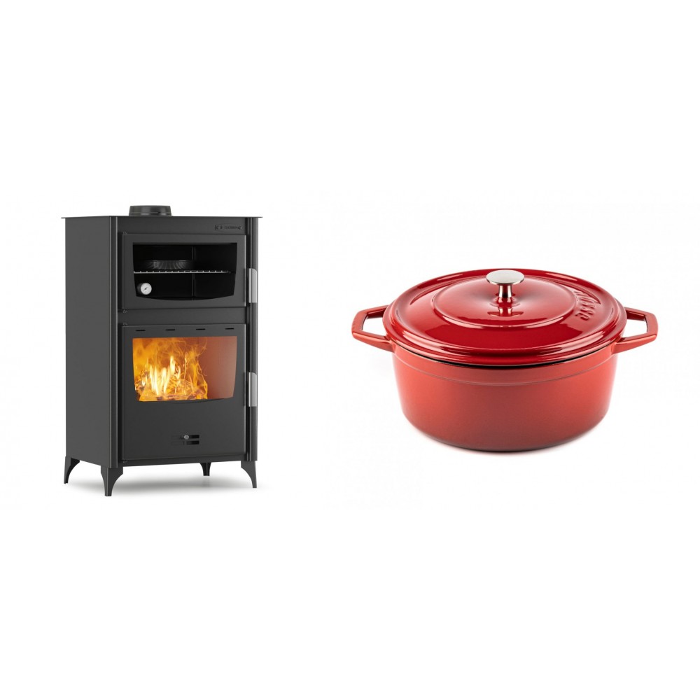 Set Kaminofen, Holzofen mit Backfach Velmora Fire ATS 90-30 ΜΑSΙΝΑ, 15.18kW + Gusseisen Topf Tiefer Solagio, Rubin, Ф24 | Holzofen | Kaminofen |