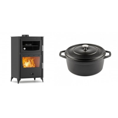 Set Kaminofen, Holzofen mit Backfach Velmora Fire ATS 90-30 ΜΑSΙΝΑ, 15.18kW + Gusseisen Topf Tiefer Solagio, Black Onyx, Ф24 - Kaminofen - Holzofen mit Backfach