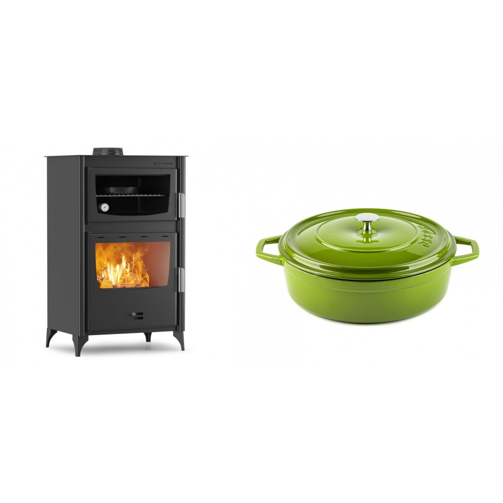 Set Kaminofen, Holzofen mit Backfach Velmora Fire ATS 90-30 ΜΑSΙΝΑ, 15.18kW + Gusseisen Topf Flach Solagio, Bamboo, Ф26 | Holzofen | Kaminofen |