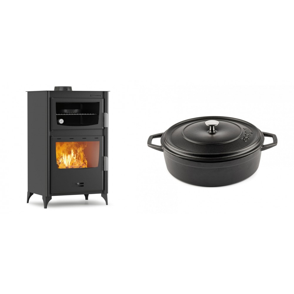 Set Kaminofen, Holzofen mit Backfach Velmora Fire ATS 90-30 ΜΑSΙΝΑ, 15.18kW + Gusseisen Topf Flach Solagio, Black Onyx, Ф26 | Holzofen | Kaminofen |