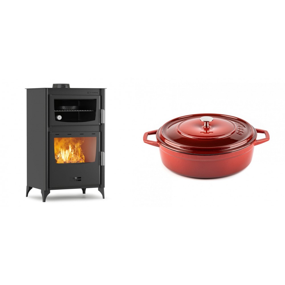 Set Kaminofen, Holzofen mit Backfach Velmora Fire ATS 90-30 ΜΑSΙΝΑ, 15.18kW + Gusseisen Topf Flach Solagio, Rubin, Ф26