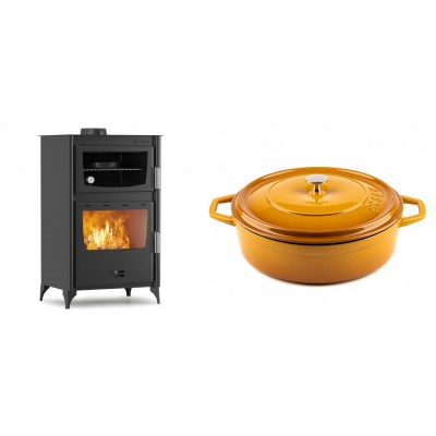 Set Kaminofen, Holzofen mit Backfach Velmora Fire ATS 90-30 ΜΑSΙΝΑ, 15.18kW + Gusseisen Topf Flach Solagio, Dijon, Ф28 - Kaminofen - Holzofen mit Backfach