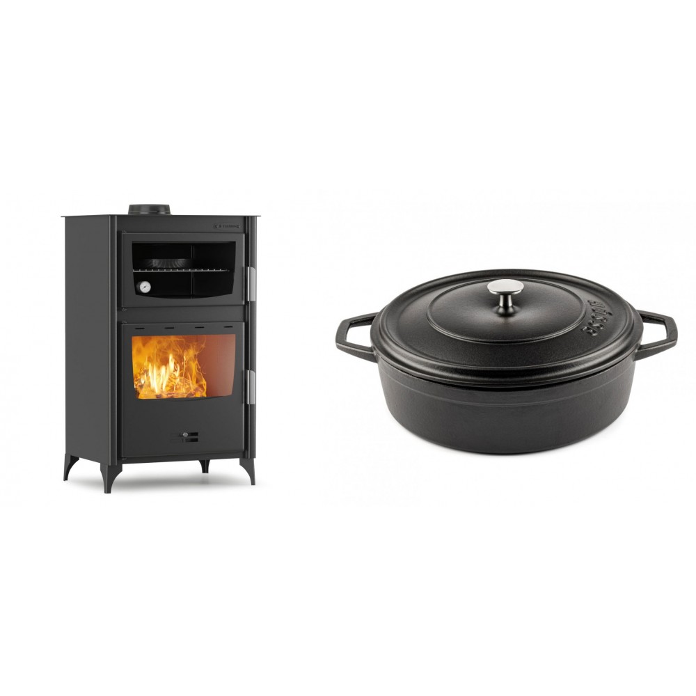 Set Kaminofen, Holzofen mit Backfach Velmora Fire ATS 90-30 ΜΑSΙΝΑ, 15.18kW + Gusseisen Topf Flach Solagio, Black Onyx, Ф28