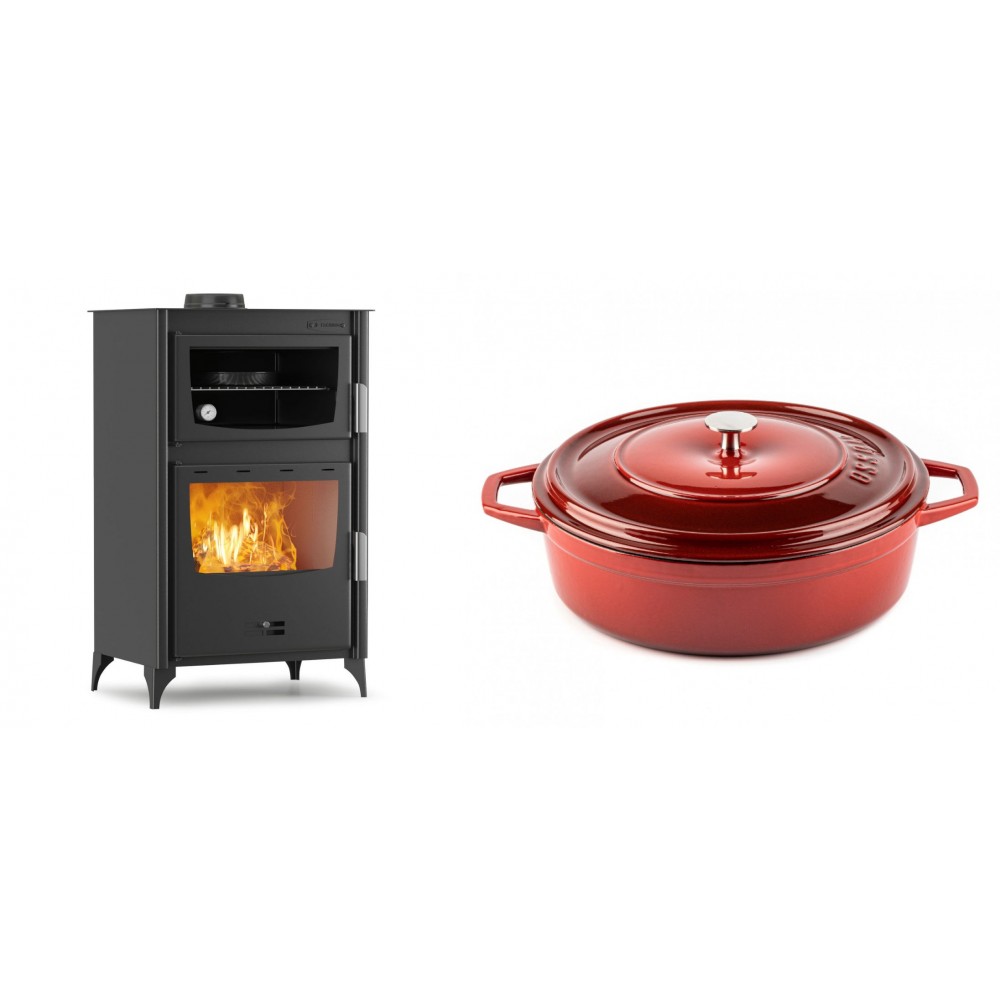 Set Kaminofen, Holzofen mit Backfach Velmora Fire ATS 90-30 ΜΑSΙΝΑ, 15.18kW + Gusseisen Topf Flach Solagio, Rubin, Ф28