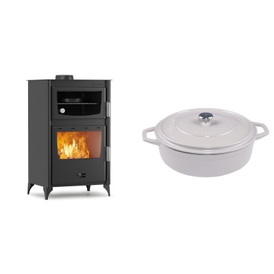 Set Kaminofen, Holzofen mit Backfach Velmora Fire ATS 90-30 ΜΑSΙΝΑ, 15.18kW + Gusseisen Topf Flach Solagio, Ivory, Ф28 - Kaminofen - Holzofen mit Backfach
