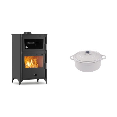 Set Kaminofen, Holzofen mit Backfach Velmora Fire ATS 90-30 ΜΑSΙΝΑ, 15.18kW + Gusseisen Topf Tiefer Solagio, Ivory, Ф12 - Kaminofen - Holzofen mit Backfach