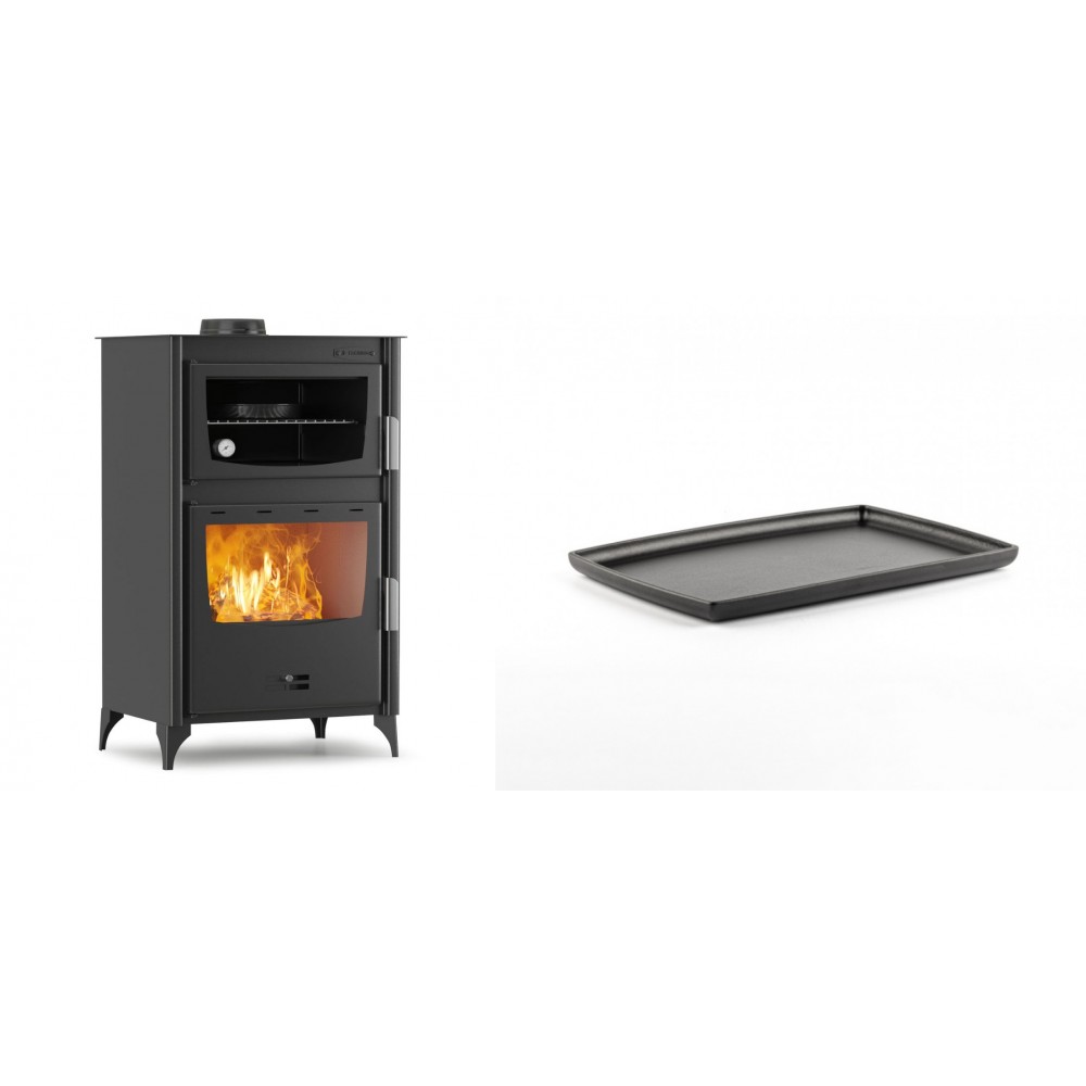 Set Kaminofen, Holzofen mit Backfach Velmora Fire ATS 90-30 ΜΑSΙΝΑ, 15.18kW + Rechteckige Servierplatte aus Gusseisen Solagio, 21x31cm