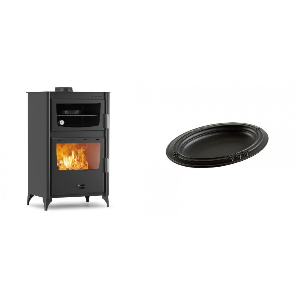 Set Kaminofen, Holzofen mit Backfach Velmora Fire ATS 90-30 ΜΑSΙΝΑ, 15.18kW + Gusseiserne auflaufform Solagio oval, 25x33cm
