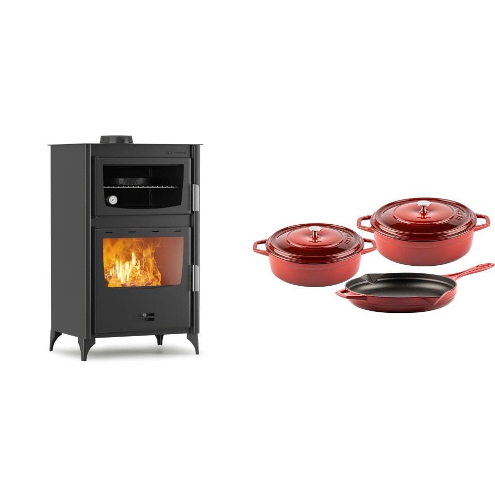 Set Kaminofen, Holzofen mit Backfach Velmora Fire ATS 90-30 ΜΑSΙΝΑ, 15.18kW + Gusseisen Topf Set aus 3 teilen Solagio, Rubin