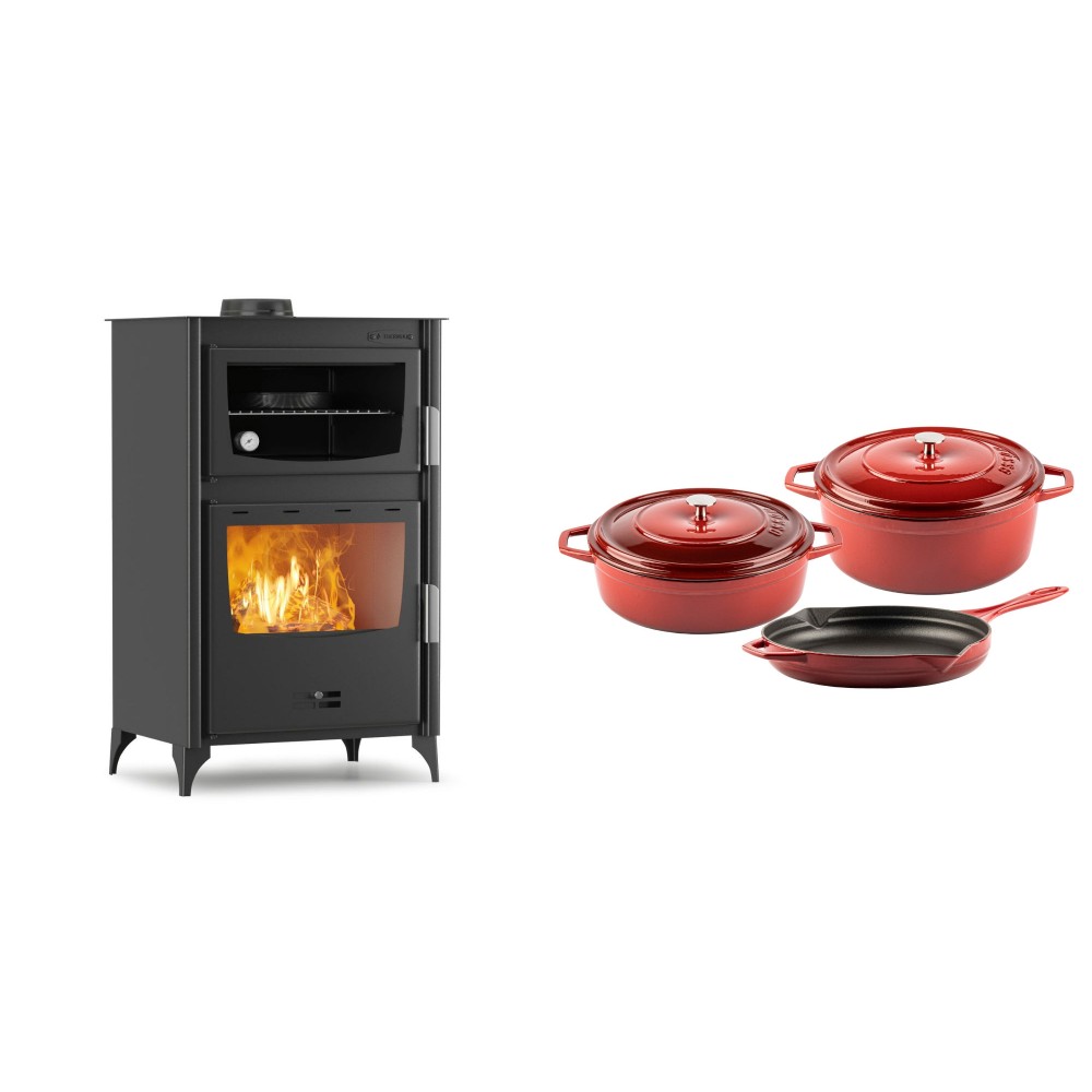 Set Kaminofen, Holzofen mit Backfach Velmora Fire ATS 90-30 ΜΑSΙΝΑ, 15.18kW + Gusseisen Topf Set aus 3 teilen Solagio, Rubin | Holzofen | Kaminofen |