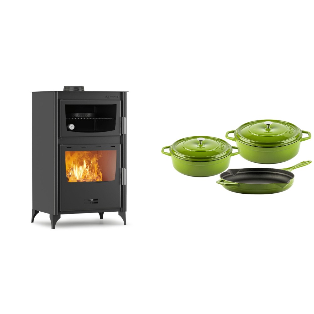 Set Kaminofen, Holzofen mit Backfach Velmora Fire ATS 90-30 ΜΑSΙΝΑ, 15.18kW + Gusseisen Topf Set aus 3 teilen Solagio, Bamboo