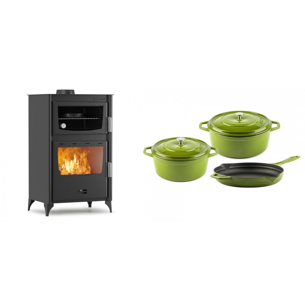 Set Kaminofen, Holzofen mit Backfach Velmora Fire ATS 90-30 ΜΑSΙΝΑ, 15.18kW + Gusseisen Topf Set aus 3 teilen Solagio, Bamboo | Holzofen | Kaminofen |