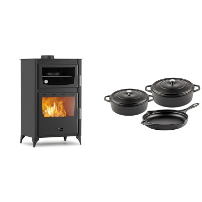 Set Kaminofen, Holzofen mit Backfach Velmora Fire ATS 90-30 ΜΑSΙΝΑ, 15.18kW + Gusseisen Topf Set aus 3 teilen Solagio, Black Onyx - Kaminofen - Holzofen mit Backfach