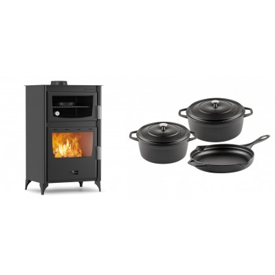 Set Kaminofen, Holzofen mit Backfach Velmora Fire ATS 90-30 ΜΑSΙΝΑ, 15.18kW + Gusseisen Topf Set aus 3 teilen Solagio, Black Onyx - Kaminofen - Holzofen mit Backfach