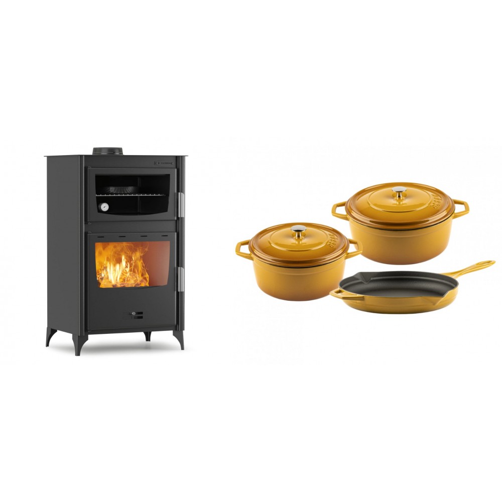 Set Kaminofen, Holzofen mit Backfach Velmora Fire ATS 90-30 ΜΑSΙΝΑ, 15.18kW + Gusseisen Topf Set aus 3 teilen Solagio, Dijon | Holzofen | Kaminofen |