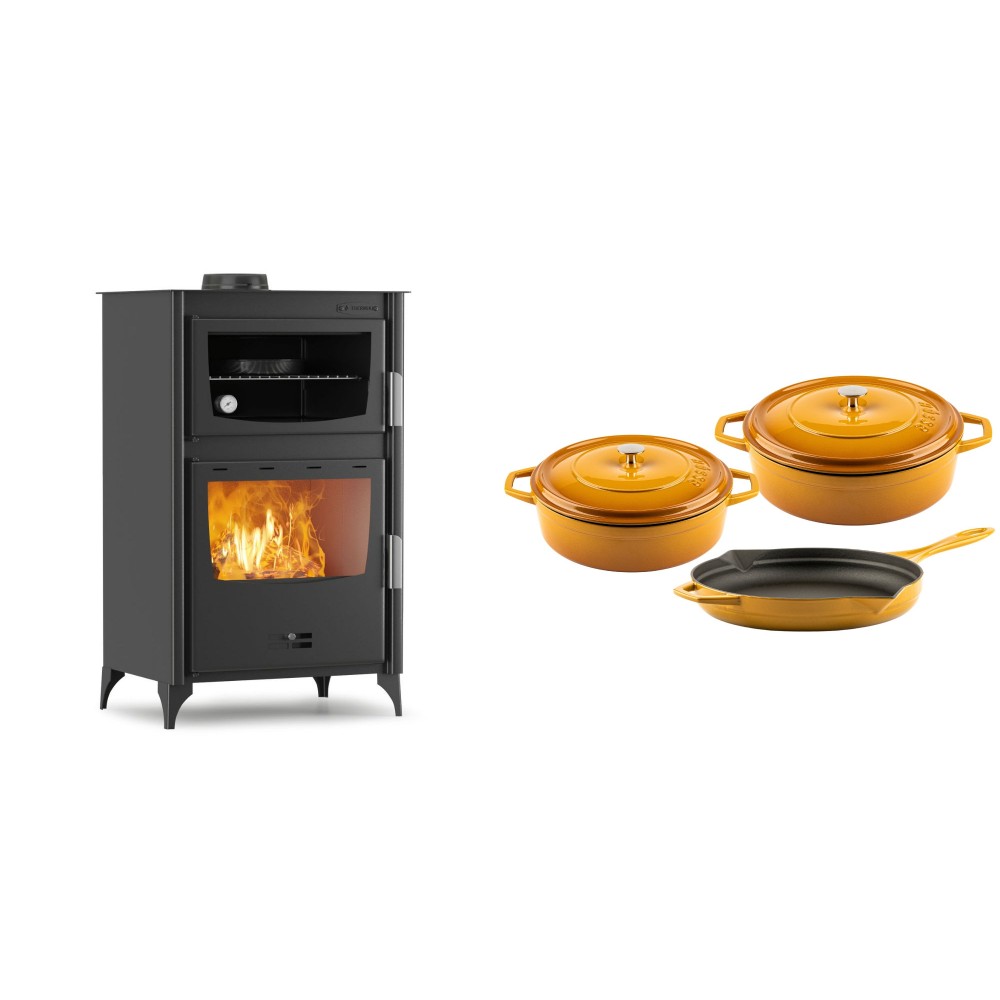 Set Kaminofen, Holzofen mit Backfach Velmora Fire ATS 90-30 ΜΑSΙΝΑ, 15.18kW + Gusseisen Topf Set aus 3 teilen Solagio, Dijon