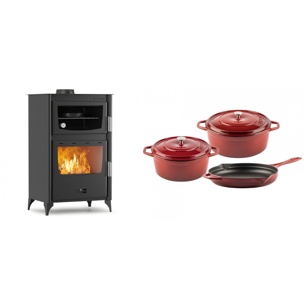 Set Kaminofen, Holzofen mit Backfach Velmora Fire ATS 90-30 ΜΑSΙΝΑ, 15.18kW + Gusseisen Topf Set aus 3 teilen Solagio, Rubin