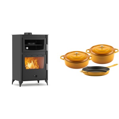 Set Kaminofen, Holzofen mit Backfach Velmora Fire ATS 90-30 ΜΑSΙΝΑ, 15.18kW + Gusseisen Topf Set aus 3 teilen Solagio, Dijon - Kaminofen - Holzofen mit Backfach