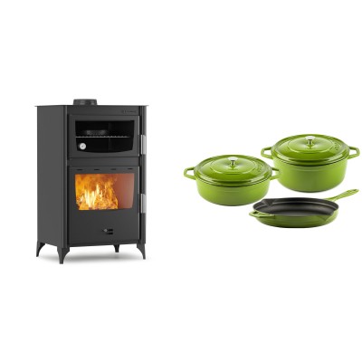 Set Kaminofen, Holzofen mit Backfach Velmora Fire ATS 90-30 ΜΑSΙΝΑ, 15.18kW + Gusseisen Topf Set aus 3 teilen Solagio, Bamboo - Kaminofen - Holzofen mit Backfach