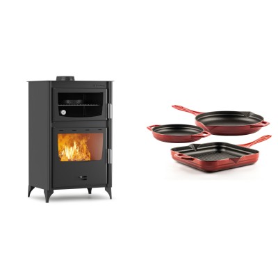 Set Kaminofen, Holzofen mit Backfach Velmora Fire ATS 90-30 ΜΑSΙΝΑ, 15.18kW + Gusseisen Topf Set aus 3 teilen Solagio, Rubin - Kaminofen - Holzofen mit Backfach