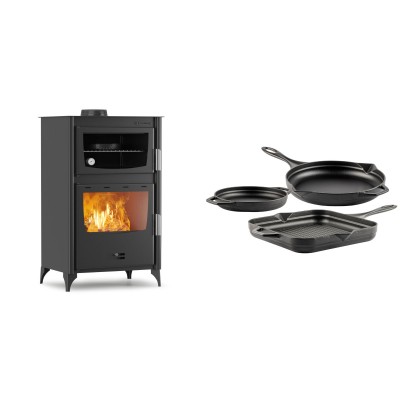 Set Kaminofen, Holzofen mit Backfach Velmora Fire ATS 90-30 ΜΑSΙΝΑ, 15.18kW + Gusseisen Topf Set aus 3 teilen Solagio, Black Onyx - Kaminofen - Holzofen mit Backfach