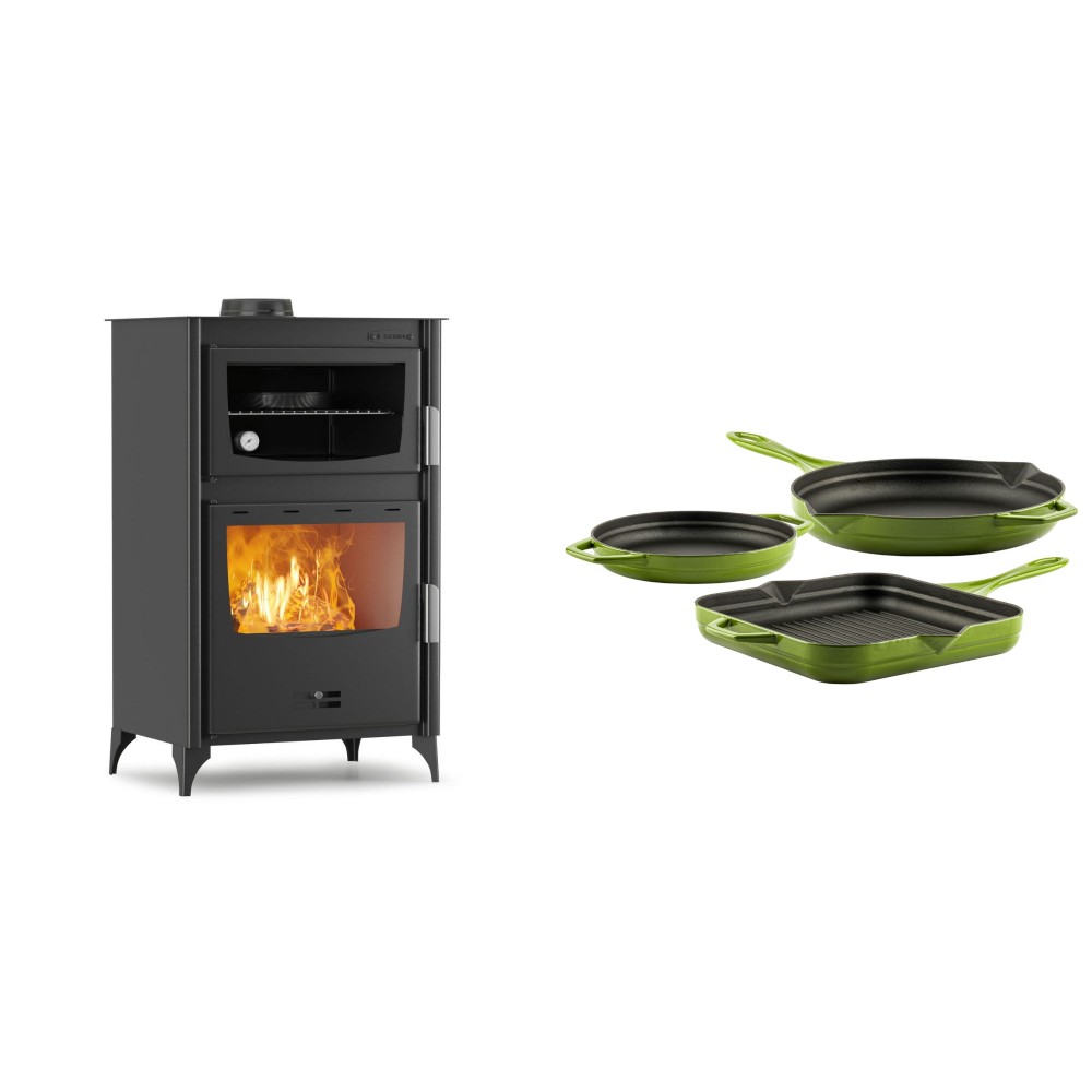 Set Kaminofen, Holzofen mit Backfach Velmora Fire ATS 90-30 ΜΑSΙΝΑ, 15.18kW + Gusseisen Topf Set aus 3 teilen Solagio, Bamboo