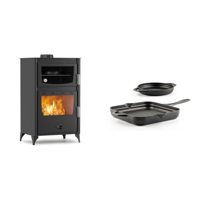 Set Kaminofen, Holzofen mit Backfach Velmora Fire ATS 90-30 ΜΑSΙΝΑ, 15.18kW + Gusseisen Topf Set aus 2 teilen Solagio, Black Onyx - Kaminofen - Holzofen mit Backfach