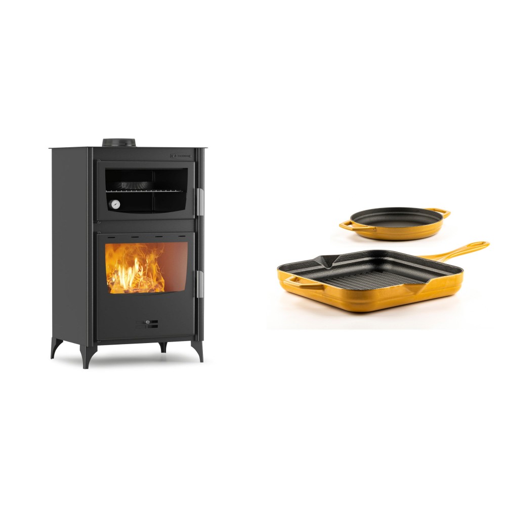 Set Kaminofen, Holzofen mit Backfach Velmora Fire ATS 90-30 ΜΑSΙΝΑ, 15.18kW + Gusseisen Topf Set aus 2 teilen Solagio, Dijon