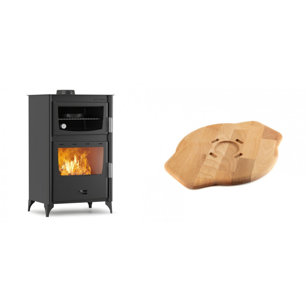 Set Kaminofen, Holzofen mit Backfach Velmora Fire ATS 90-30 ΜΑSΙΝΑ, 15.18kW + Holz untersetzer für Gusseisenplatte Solagio HSYSAK28 | Holzofen | Kaminofen |