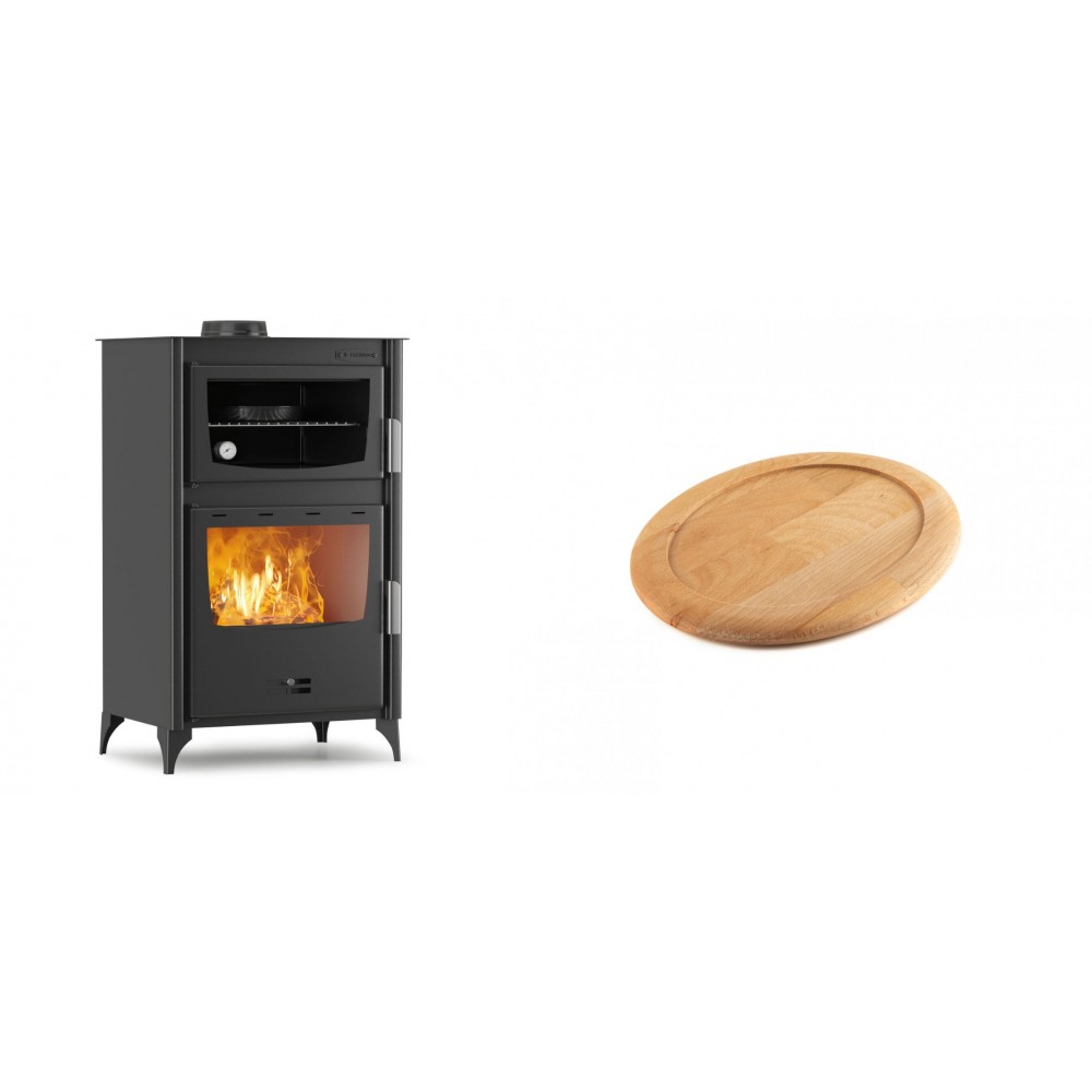 Set Kaminofen, Holzofen mit Backfach Velmora Fire ATS 90-30 ΜΑSΙΝΑ, 15.18kW + Holz untersetzer für ovale gusseisenpfanne Solagio HSFT1825 | Holzofen | Kaminofen |