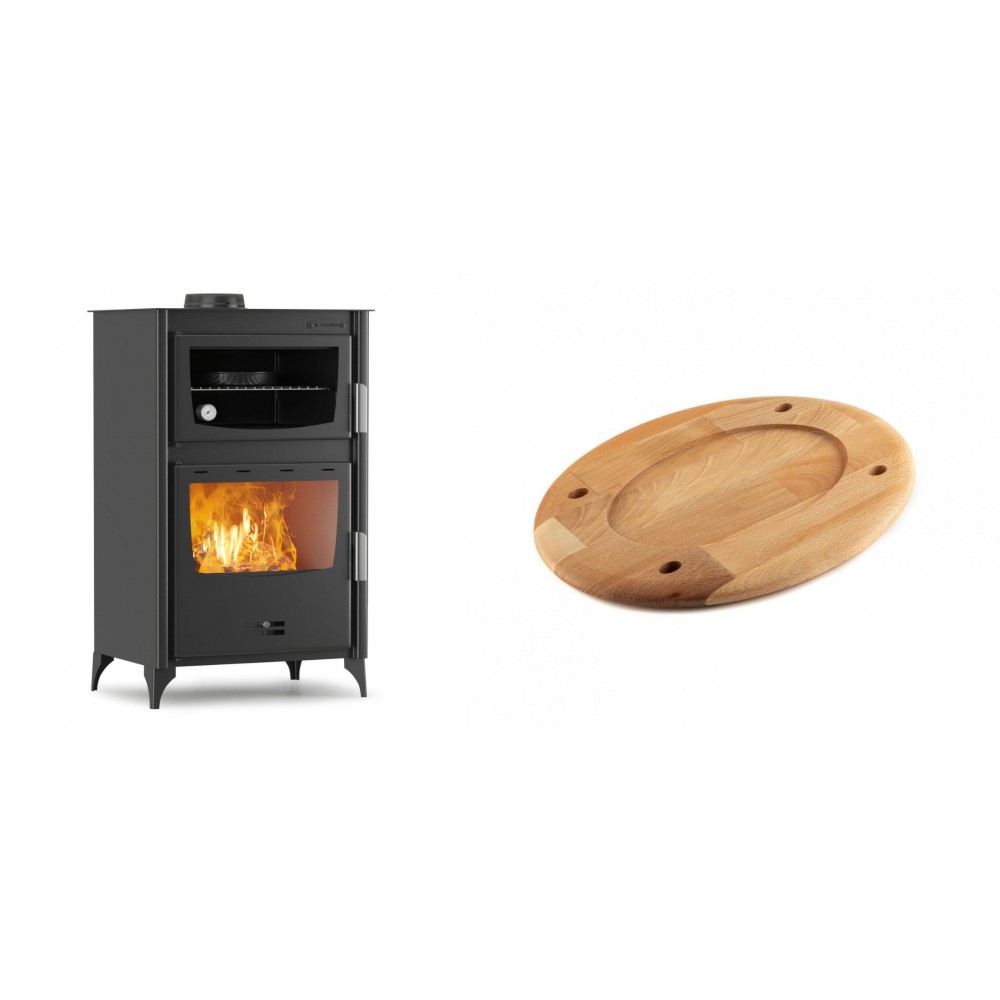 Set Kaminofen, Holzofen mit Backfach Velmora Fire ATS 90-30 ΜΑSΙΝΑ, 15.18kW + Holz untersetzer für ovale platte Solagio HSOISK2533, 25x33cm