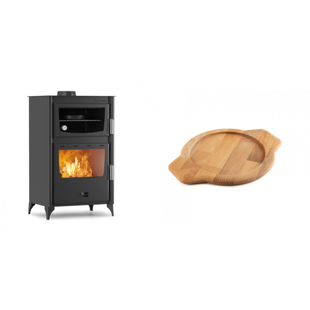 Set Kaminofen, Holzofen mit Backfach Velmora Fire ATS 90-30 ΜΑSΙΝΑ, 15.18kW + Holz untersetzer für gusseisenschüssel Solagio HSYKTV22