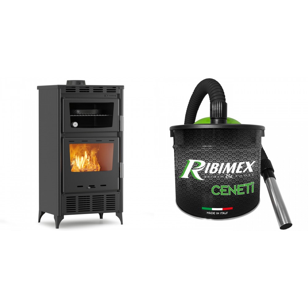 Set Kaminofen, Holzofen mit Backfach Velmora Fire ATS 90-30 ΜΑSΙΝΑ AERO, mit gebläse, 18.23kW + Elektrischer Aschesauger Ribimex, Modell Cenetì, Fassungsvermögen 15 L | Holzofen | Kaminofen |