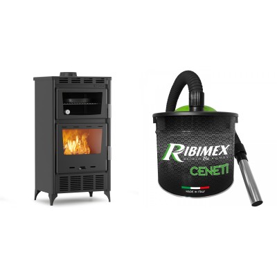 Set Kaminofen, Holzofen mit Backfach Velmora Fire ATS 90-30 ΜΑSΙΝΑ AERO, mit gebläse, 18.23kW + Elektrischer Aschesauger Ribimex, Modell Cenetì, Fassungsvermögen 15 L - Kaminofen - Holzofen mit Backfach
