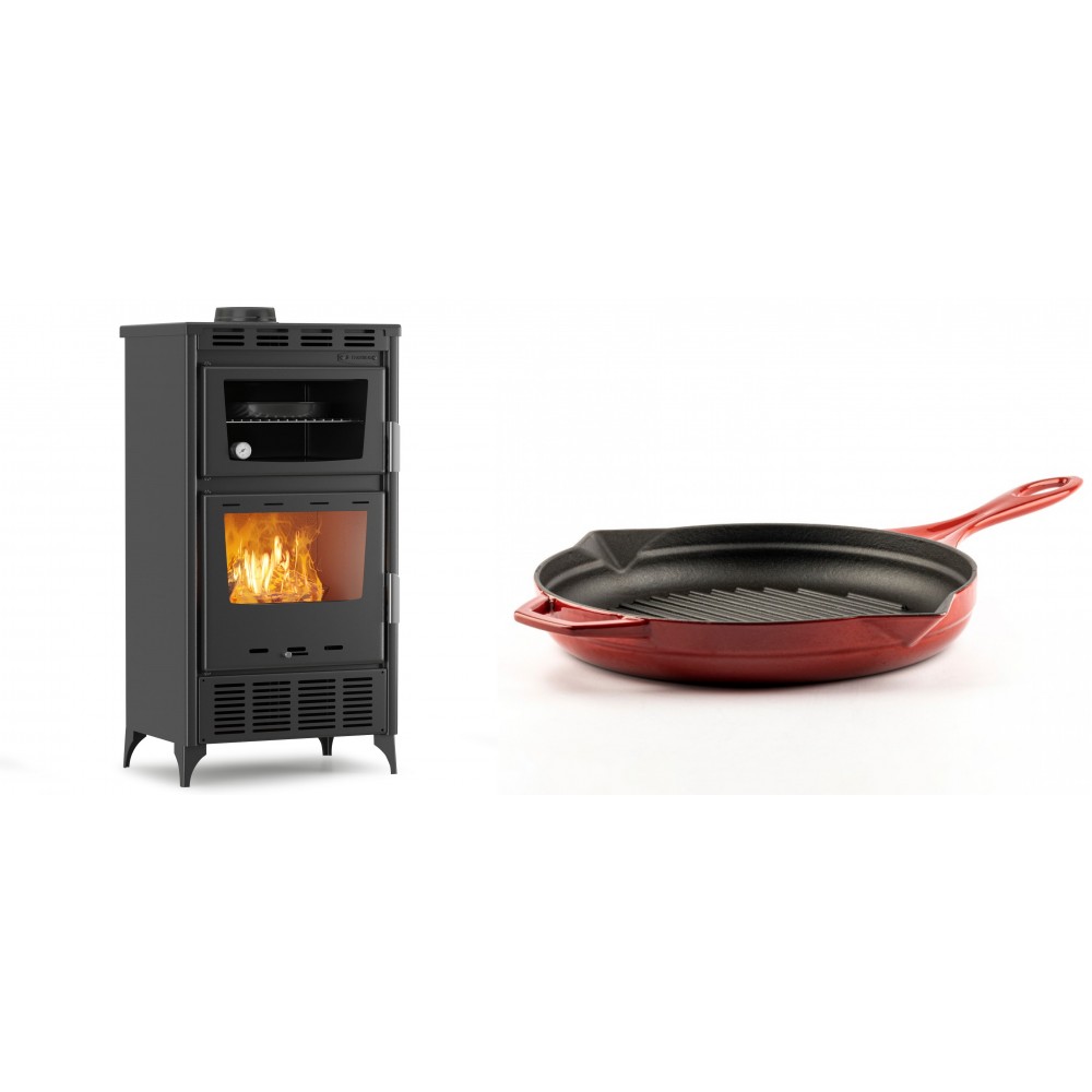 Set Kaminofen, Holzofen mit Backfach Velmora Fire ATS 90-30 ΜΑSΙΝΑ AERO, mit gebläse, 18.23kW + Emaillierte grillpfanne Gusseisen Solagio, Rubin, Ф28cm | Holzofen | Kaminofen |