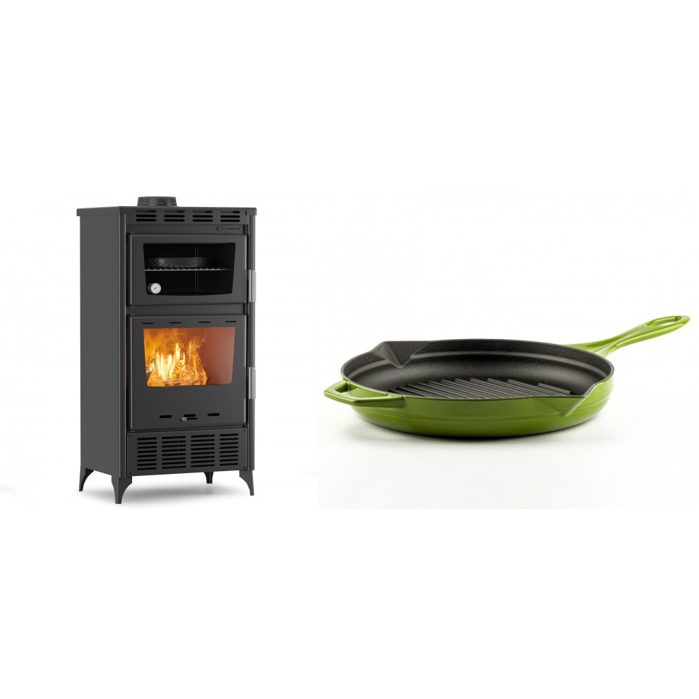 Set Kaminofen, Holzofen mit Backfach Velmora Fire ATS 90-30 ΜΑSΙΝΑ AERO, mit gebläse, 18.23kW + Emaillierte grillpfanne Gusseisen Solagio, Bamboo, Ф28cm | Holzofen | Kaminofen |