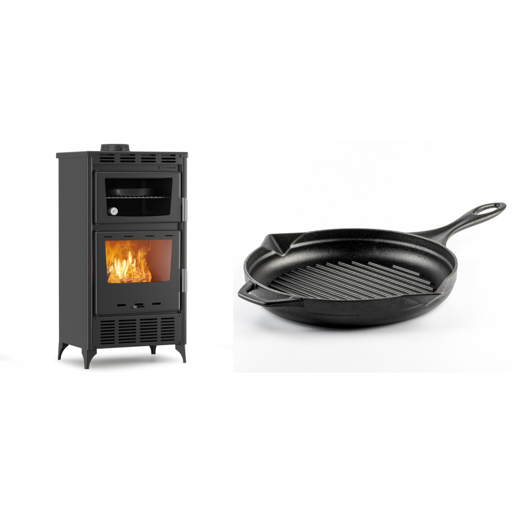 Set Kaminofen, Holzofen mit Backfach Velmora Fire ATS 90-30 ΜΑSΙΝΑ AERO, mit gebläse, 18.23kW + Emaillierte grillpfanne Gusseisen Solagio, Black Onyx, Ф28cm