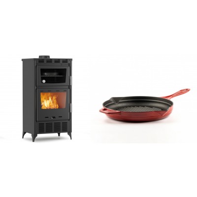 Set Kaminofen, Holzofen mit Backfach Velmora Fire ATS 90-30 ΜΑSΙΝΑ AERO, mit gebläse, 18.23kW + Emaillierte grillpfanne Gusseisen Solagio, Rubin, Ф24cm - Kaminofen - Holzofen mit Backfach
