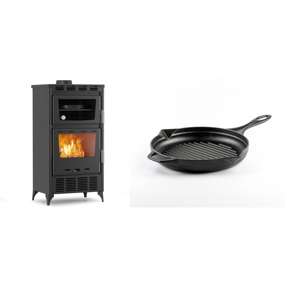 Set Kaminofen, Holzofen mit Backfach Velmora Fire ATS 90-30 ΜΑSΙΝΑ AERO, mit gebläse, 18.23kW + Emaillierte grillpfanne Gusseisen Solagio, Black Onyx, Ф24cm