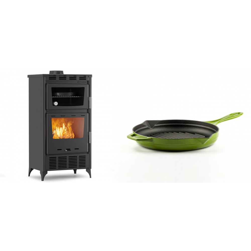 Set Kaminofen, Holzofen mit Backfach Velmora Fire ATS 90-30 ΜΑSΙΝΑ AERO, mit gebläse, 18.23kW + Emaillierte grillpfanne Gusseisen Solagio, Bamboo, Ф24cm