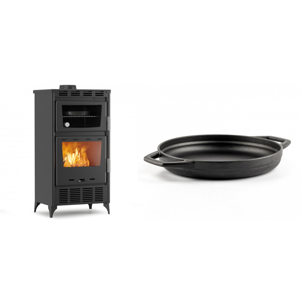 Set Kaminofen, Holzofen mit Backfach Velmora Fire ATS 90-30 ΜΑSΙΝΑ AERO, mit gebläse, 18.23kW + Emaillierte gusseisenpfanne mit zwei Griffen Solagio, Black Onyx, Ф22cm | Holzofen | Kaminofen |