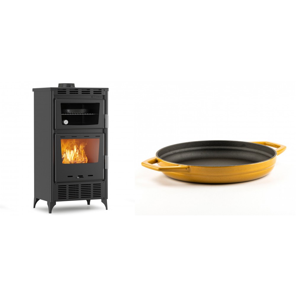 Set Kaminofen, Holzofen mit Backfach Velmora Fire ATS 90-30 ΜΑSΙΝΑ AERO, mit gebläse, 18.23kW + Emaillierte gusseisenpfanne mit zwei Griffen Solagio, Dijon, Ф22cm | Holzofen | Kaminofen |