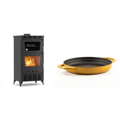 Set Kaminofen, Holzofen mit Backfach Velmora Fire ATS 90-30 ΜΑSΙΝΑ AERO, mit gebläse, 18.23kW + Emaillierte gusseisenpfanne mit zwei Griffen Solagio, Dijon, Ф22cm - Kaminofen - Holzofen mit Backfach
