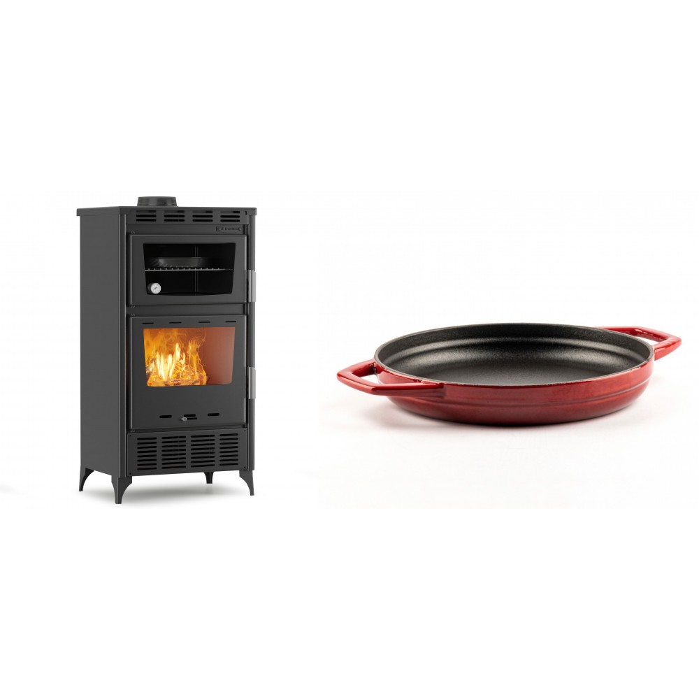 Set Kaminofen, Holzofen mit Backfach Velmora Fire ATS 90-30 ΜΑSΙΝΑ AERO, mit gebläse, 18.23kW + Emaillierte gusseisenpfanne mit zwei Griffen Solagio, Rubin, Ф22cm