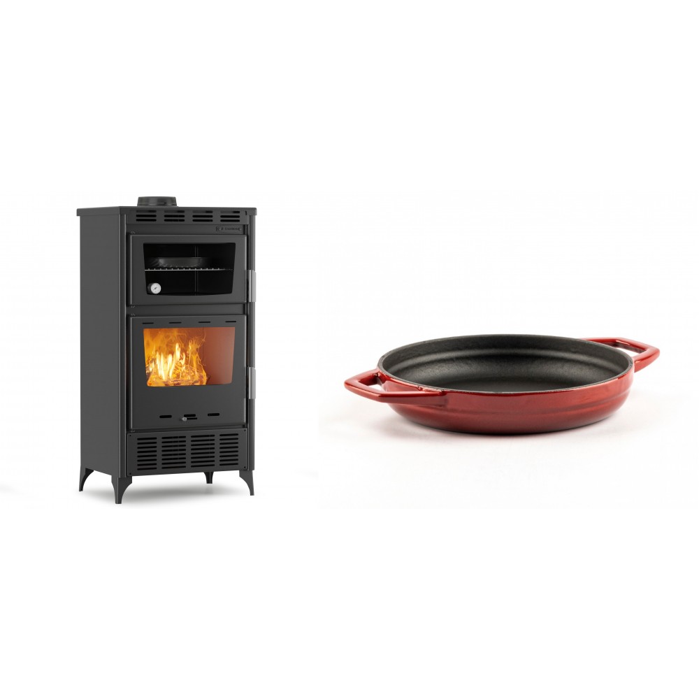 Set Kaminofen, Holzofen mit Backfach Velmora Fire ATS 90-30 ΜΑSΙΝΑ AERO, mit gebläse, 18.23kW + Emaillierte gusseisenpfanne mit zwei Griffen Solagio, Rubin, Ф19cm