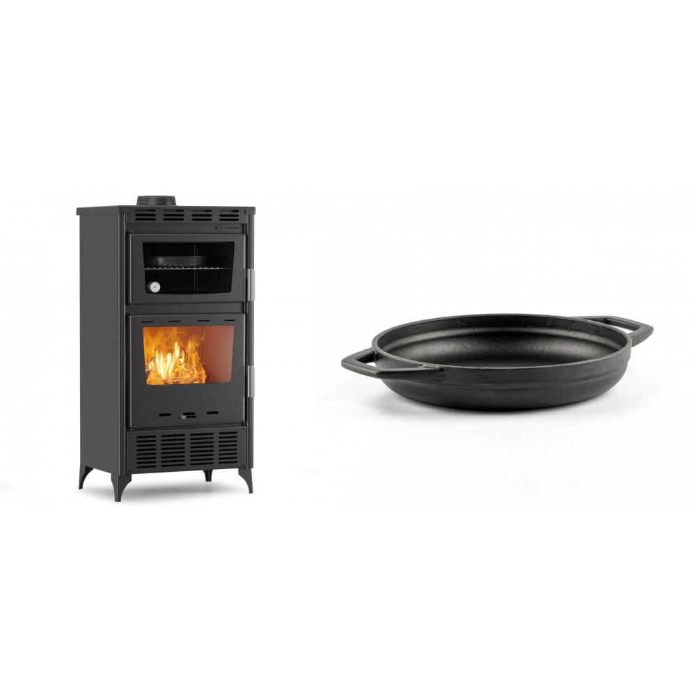 Set Kaminofen, Holzofen mit Backfach Velmora Fire ATS 90-30 ΜΑSΙΝΑ AERO, mit gebläse, 18.23kW + Emaillierte gusseisenpfanne mit zwei Griffen Solagio, Black Onyx, Ф19cm