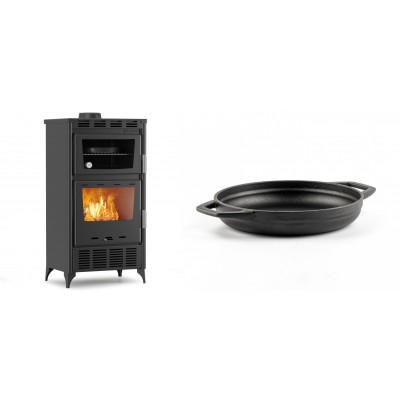 Set Kaminofen, Holzofen mit Backfach Velmora Fire ATS 90-30 ΜΑSΙΝΑ AERO, mit gebläse, 18.23kW + Emaillierte gusseisenpfanne mit zwei Griffen Solagio, Black Onyx, Ф19cm - Kaminofen - Holzofen mit Backfach